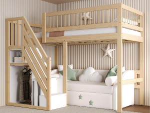 ModernLuxe Mezzanine bed 90x200cm - met trap met opbergruimte - massief hout + multiplex + MDF - Natuur
