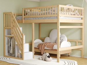 ModernLuxe Mezzanine bed 140x200cm - met trap met opbergruimte - massief hout + multiplex + MDF - Natuur