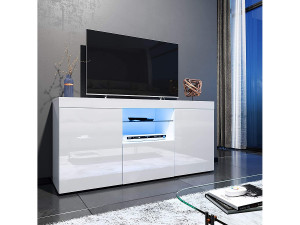 DripeX Glanzend wit tv-meubel met LED-licht, 3 deuren, glazen plank, modern tv-meubel, woonkamerdressoir, 135x35x70cm