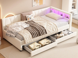 ModernLuxe Dagbed bed met LED 90x200cm - met 2 lades en opbergpoorten - linnen stof - Beige