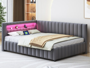 ModernLuxe Fluwelen gestoffeerde slaapbank - 140x200cm - met LED-verlichting en USB-aansluiting - Grijs (matras niet inbegrepen)