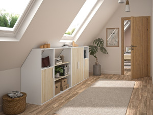 Vente-unique Meubel voor onder een schuin dak met 4 deurtjes, 2 planken en 2 nissen - Wit en naturel - ADEZIO