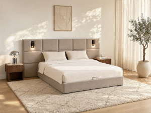 Vente-unique Bed met opbergruimte 180 x 200 cm met hoofdbord en ingebouwde lamp - Velours - Taupegrijs - SARETO