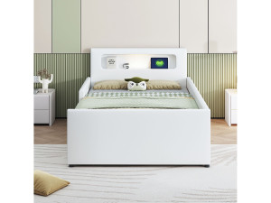 KOMHTOM Gestoffeerd kinderbed 90*200 cm, met nachtlampje en USB-oplaadpoort, met opbergvak, kunstlederen stof, wit
