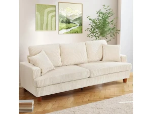 DripeX Sofá de 3 de sete em veludo bege, sofá reto grande, assentos extras profundos de 53 cm, com 2 travesseiros - 220x76x84cm