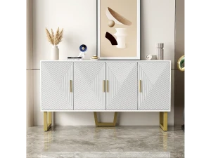 Aparador 150x40x82cm - Móvel com 4 portas texturadas brilhantes e puxadores dourados, prateleiras reguláveis ​​em altura - Branco