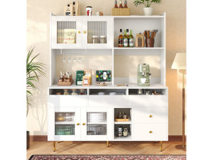 Merax Keukendressoir met 4 glazen deuren, 5 laden en open vak - 145 x 39 x 171 cm - MDF hout - Wit