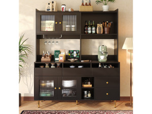 Merax Keukendressoir met 4 glazen deuren, 5 laden en open vak - 145 x 39 x 171 cm - MDF hout - Zwart