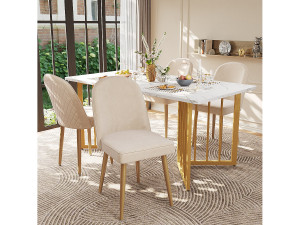 Merax Set van 4 moderne fluwelen eetkamerstoelen - gouden metalen poten - armloos - beige