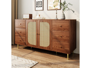 Merax Dressoir met 2 rotan deuren en 6 lades - 160 x 40 x 90 cm - MDF hout en goud metalen poten - Voor keuken, huis - Bruin