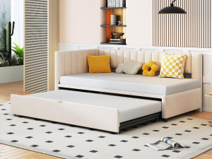 ModernLuxe Onderschuifbed 90/180x200cm in fluweel - Beige (matras niet inbegrepen)