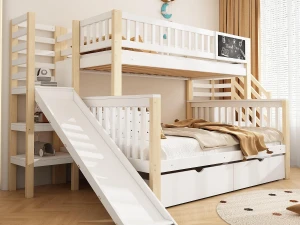 ModernLuxe Beliche 90x200cm + 140x200cm em madeira - com 2 gavetas, escorrega e escada de arrumação - Branco