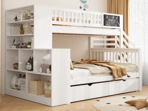 ModernLuxe Beliche 90x200cm + 140x200cm em madeira - com 2 gavetas, estante e escada de arrumação - Branco