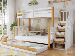 ModernLuxe Stapelbed 90x200cm + 120x200cm + onderschuifbed 90x190cm - met opbergtrap - in grenenhout en MDF - Wit & Naturel