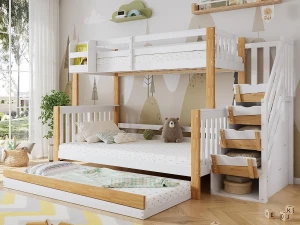 ModernLuxe Beliche 90x200cm + 120x200cm + cama de gavetão 90x190cm - com escada de arrumação - em madeira de pinho e MDF - Branco & Natural