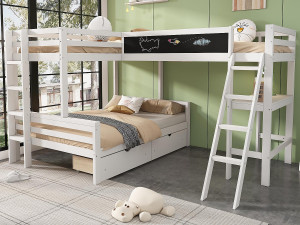 ModernLuxe Stapelbed 2x90x200cm + 140x200cm in hout - met bureau en 2 lades - Wit
