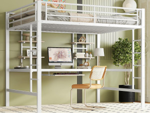 ModernLuxe Hoogslaper 140x200cm - met bureau en planken - metalen frame - Wit