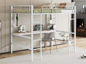 ModernLuxe IJzeren tussenbed - 140x200cm - met bureau en 5 planken - Wit