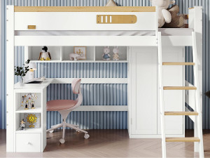 ModernLuxe Houten hoogslaper - 90x200 cm - met planken, bureau en kledingkast - Wit
