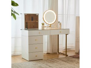 Merax Kaptafel met spiegel, 5 lades en een glazen deur - 120 x 45 x 115 cm - Spaanplaat - LED's - Wit (zonder kruk)