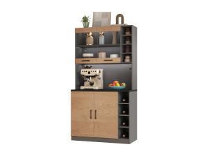 Merax Keukendressoir met 4 deuren en vakken - 100 x 47 x 187 cm - MDF hout - LED's en kabelgoten - Naturel + grijs