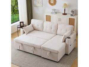 KOMHTOM Sofa's met slaapfunctie, L-vormige sofa's, gestoffeerde meubelen, sofa's, loungers met bekerhouders,Beige