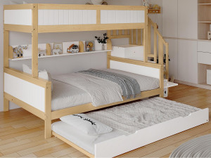 ModernLuxe Stapelbed 90x200cm + 120x200cm + onderschuifbed 90x190cm - met planken, kledingkast en opbergtrap - in grenenhout en MDF - Wit & Naturel