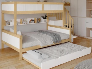 ModernLuxe Beliche 90x200cm + 120x200cm + cama de gavetão 90x190cm - com prateleiras, roupeiro e escada de arrumação - em madeira de pinho e MDF -
