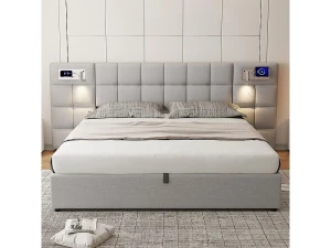 KOMHTOM Cama estofada 180 x 200 cm, com porta USB, carregador sem fios e luz, com espaço de arrumação, linho, cinzento