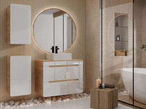 Unique Mueble de baño suspendido con lavabo sobre encimera y dos columnas - Color natural y blanco - 80 cm - ARUBA