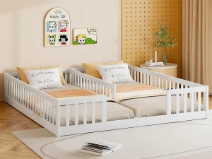 ModernLuxe Cama de criança 2x90x200cm em madeira maciça - com grades - sem base de ripas - Branco