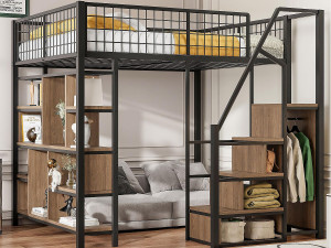 ModernLuxe Metalen tussenbed 140x200cm - met planken en trap - Zwart (matras niet inbegrepen)