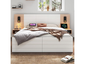 KOMHTOM Tweepersoonsbed 140 x 200 cm, met laden, leeslampje, nachtkastje, eiken + wit set