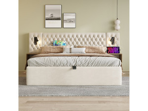 KOMHTOM Hydraulisch bed 180 x 200 cm, met nachtkastje, leeslampje, USB-oplaadfunctie, beige