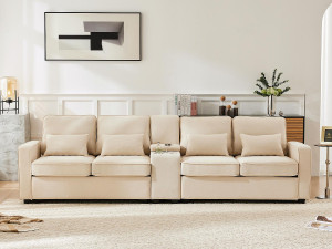 ModernLuxe Moderne 4-zitsbank in linnenstof - met USB-poorten en 2 bekerhouders - Beige