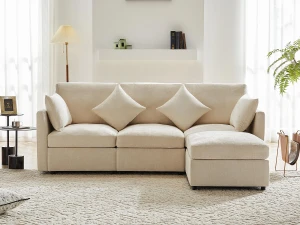 ModernLuxe Sofá de canto de 3 lugares - com apoio para pés modular - chenille - Bege
