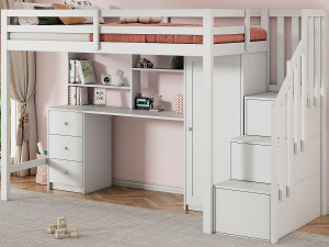 ModernLuxe Houten mezzaninebed 90x200cm - met bureau, kledingkast en opbergtrap - Wit