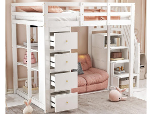 ModernLuxe Mezzaninebed 140x200cm in massief hout - met 4 laden en opbergtrap - Wit (matras niet inbegrepen)