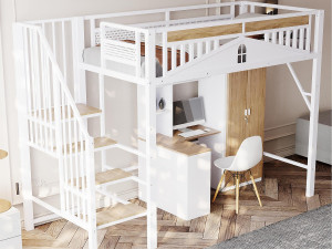 ModernLuxe Metalen tussenbed 90x200cm - met verstelbare ladder - Wit (matras niet inbegrepen)