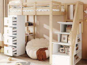 ModernLuxe Mezzaninebed 90x200cm in massief hout - met 4 laden en opbergtrap - Naturel (matras niet inbegrepen)