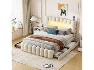Merax Gestoffeerd bed 160 x 200 cm met 4 lades - LED-verlichting en USB-poorten - Fluweel - Lattenbodem - Beige (matras niet inbegrepen)