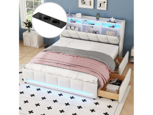 Merax Gestoffeerd bed 140 x 200 cm met hoofdeinde en 2 lades - LED's en USB-aansluitingen - Linnenstof - Beige (zonder matras)