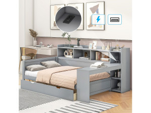 Merax 90 x 200 cm bed met hoofdeinde - Bureau, USB-aansluitingen en 2 lades - Lattenbodem - Grijs (zonder matras)