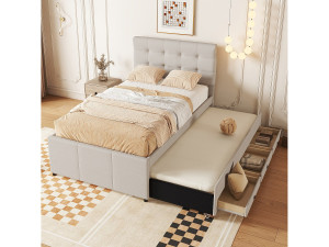 Merax Onderschuifbed 90 x 190/200 cm met verstelbaar hoofdeinde - 3 laden - Linnenstof - Lattenbodem - beige (zonder matras)