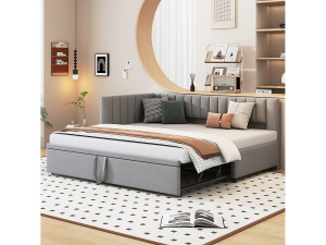 Merax Onderschuifbed 90/180 x 200 cm L-vormig, Slaapbank - Fluweel - Lattenbodem - lichtgrijs (zonder matras)