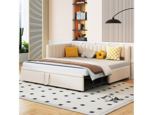 Merax Onderschuifbed 90/180 x 200 cm L-vormig, Slaapbank - Fluweel - Lattenbodem - Beige (zonder matras)