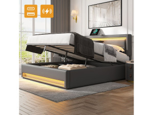 Merax Opbergbed 140 x 190 met hoofdbord - USB- en LED-aansluitingen - PU leer - Lattenbodem - Grijs (zonder matras)