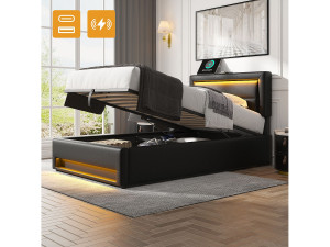 Merax Opbergbed 90 x 200 cm met hoofdeinde - USB- en LED-aansluitingen - PU leer - Lattenbodem - Zwart (zonder matras)