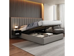 Merax Cama arrumação 160 x 200 cm com cabeceira grande e 2 mesas de cabeceira - Tecido de linho - Cinza + preto (sem colchão)