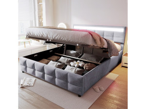 Merax Opbergbed 180 x 200 cm met hoofdbord - LED's - Fluweel - Lattenbodem - Grijs (zonder matras)